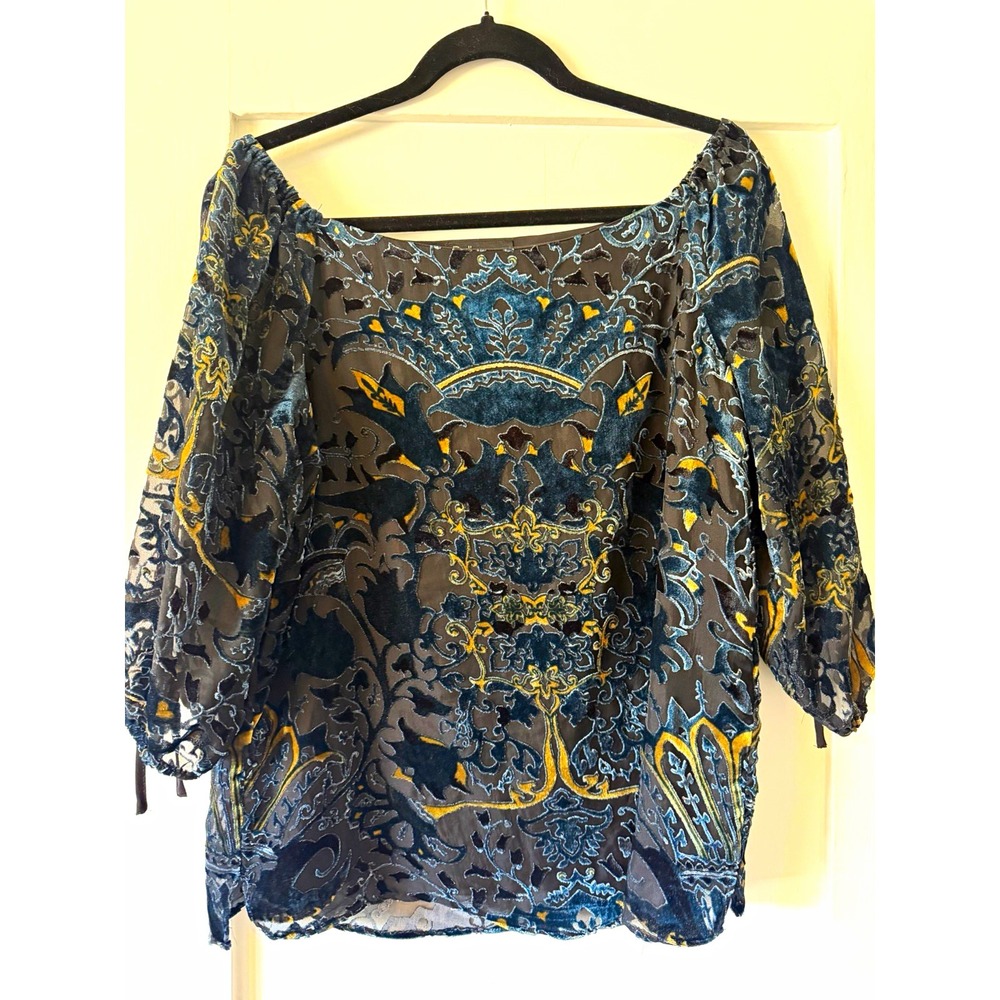 DALIA M Whimsigoth Burnout Velvet Off Shoulder Blouse Blue Gold Witchy Baroque